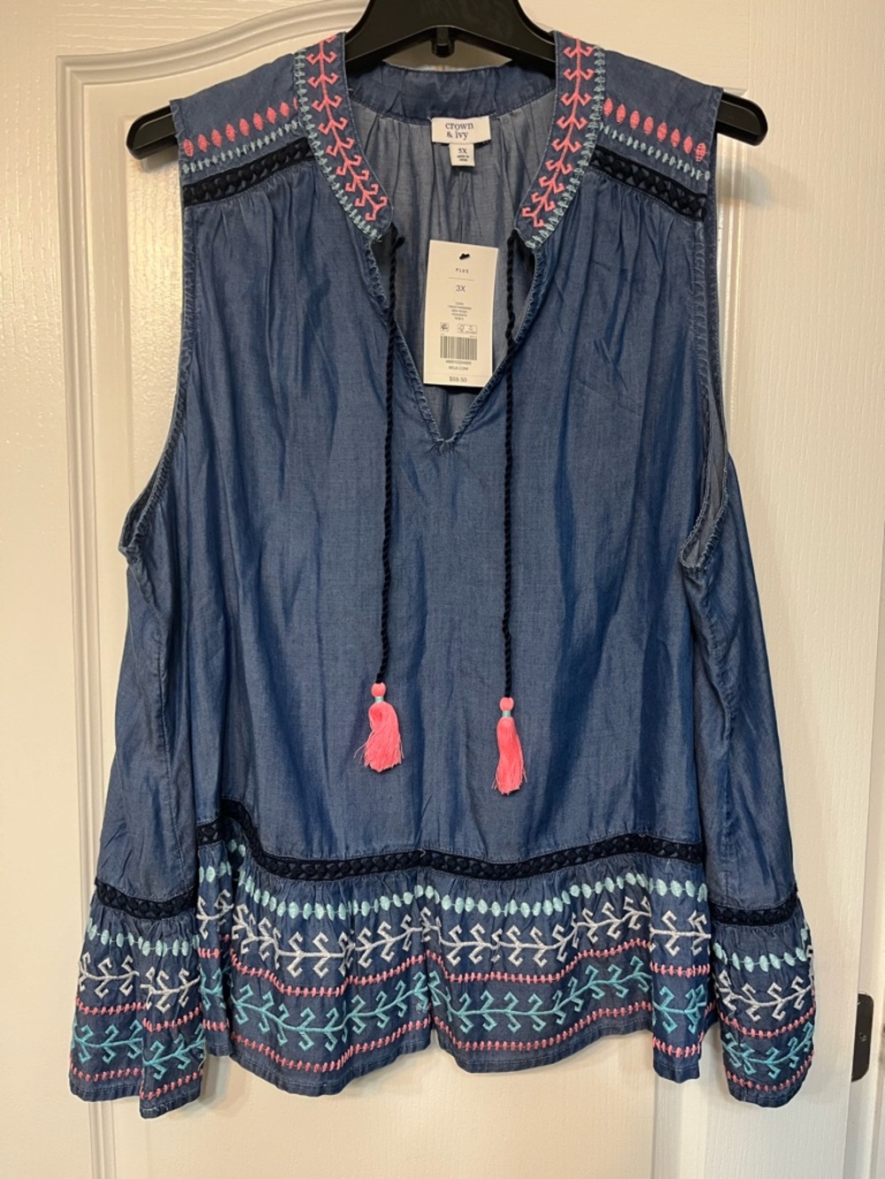 crown & ivy Blue Denim Embroidered Sleeveless Tunic Top with Pink Tassels 3X